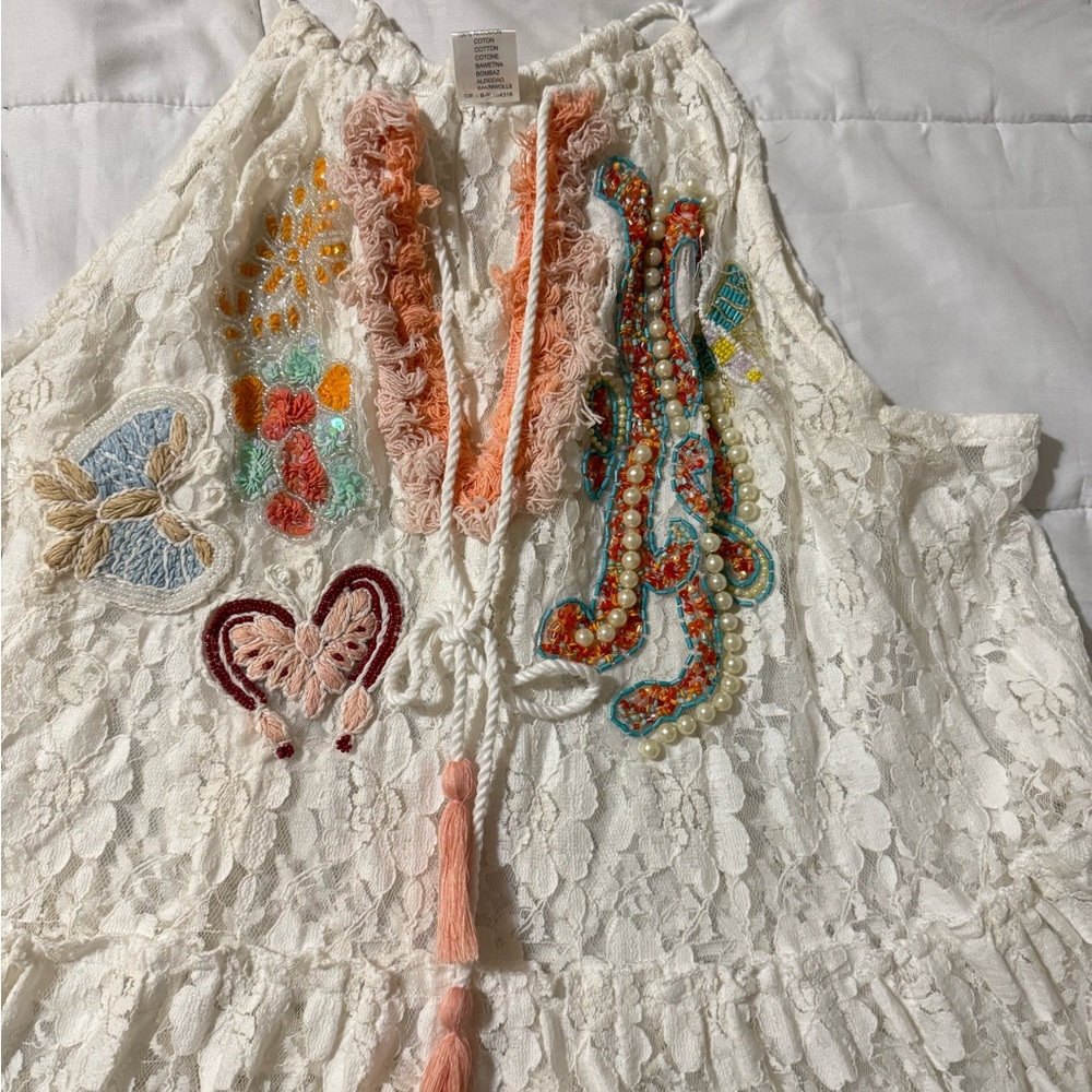 Floral Embroidered Lace Dress - White and Multicolor